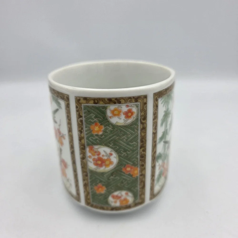 Kutani Japanese Style Orange Flowers  Green Birds Coffee Tea Mug 8oz Porcelain